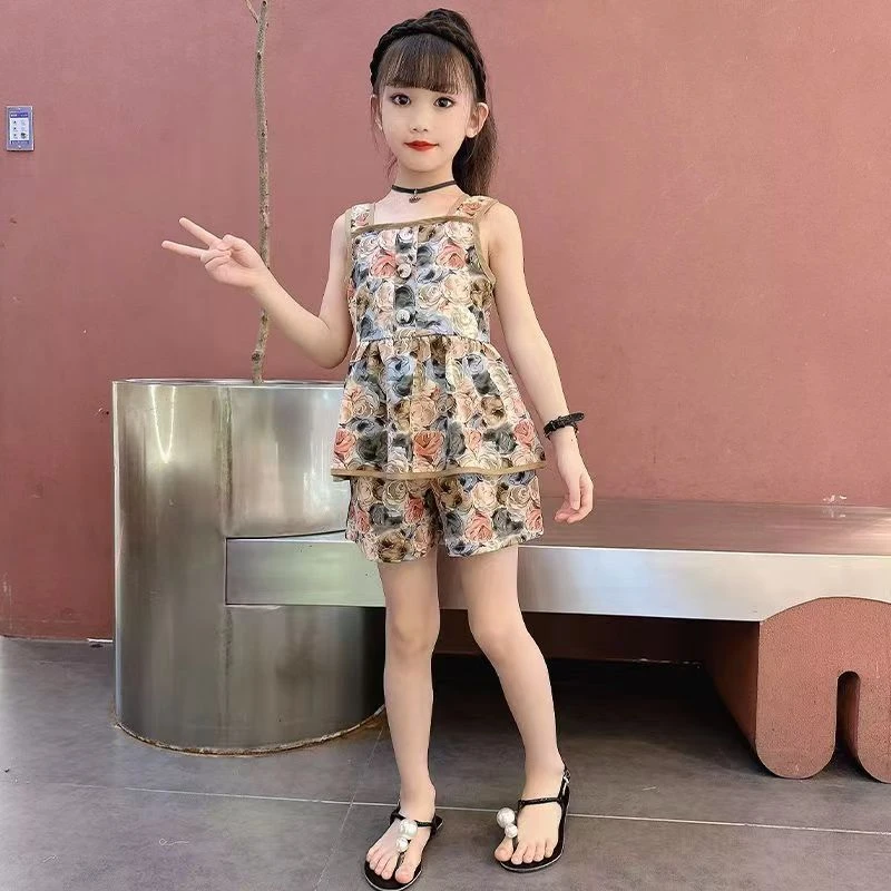 儿童夏季套装复古玫瑰花洋气时尚无袖网红女童韩版小女孩儿童服装