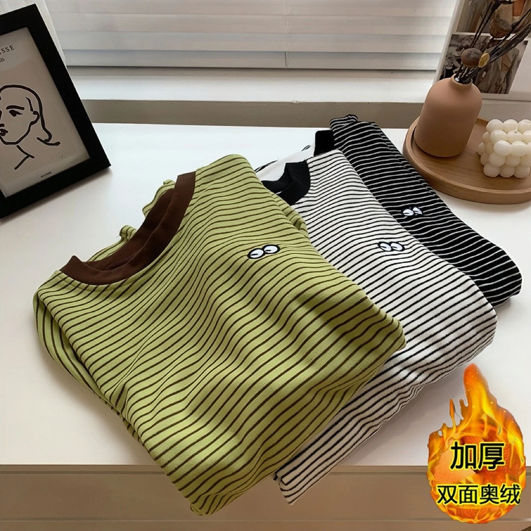 秋冬【暖新款】超柔磨毛软糯发热绒高弹力条纹刺绣打底衫女宽松上衣