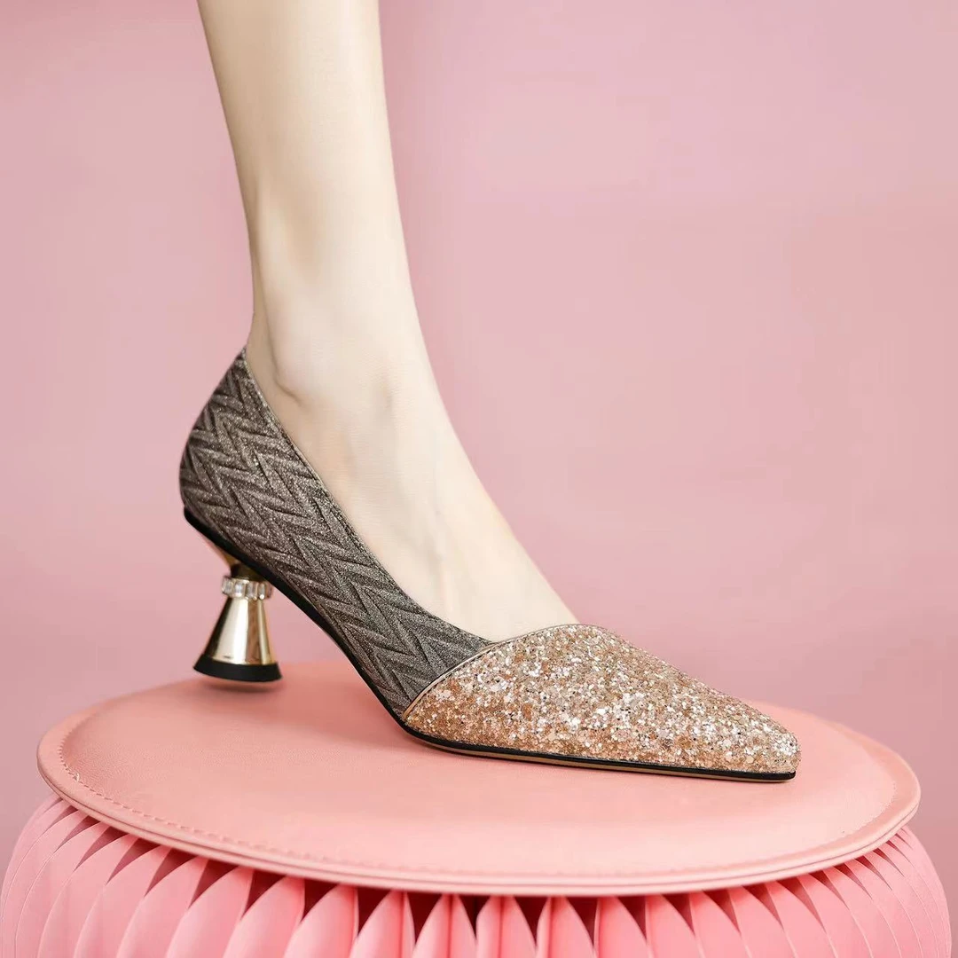 2024新款高跟鞋时尚百搭细跟粗跟尖头春秋皮鞋x20-x595