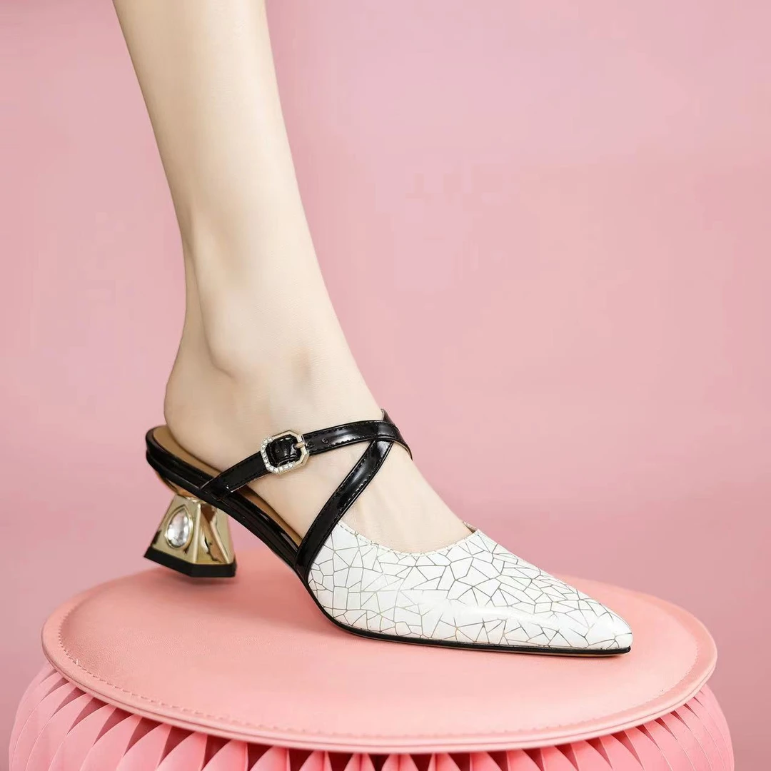 2025新款凉鞋时尚百搭夏季半拖高跟尖头凉拖x10-r2213