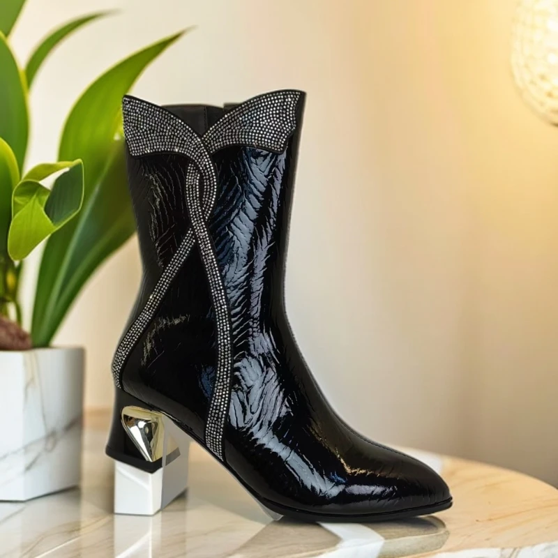 秋冬优雅时尚加绒保暖软底粗跟新款尖头漆皮短靴 X59-T308