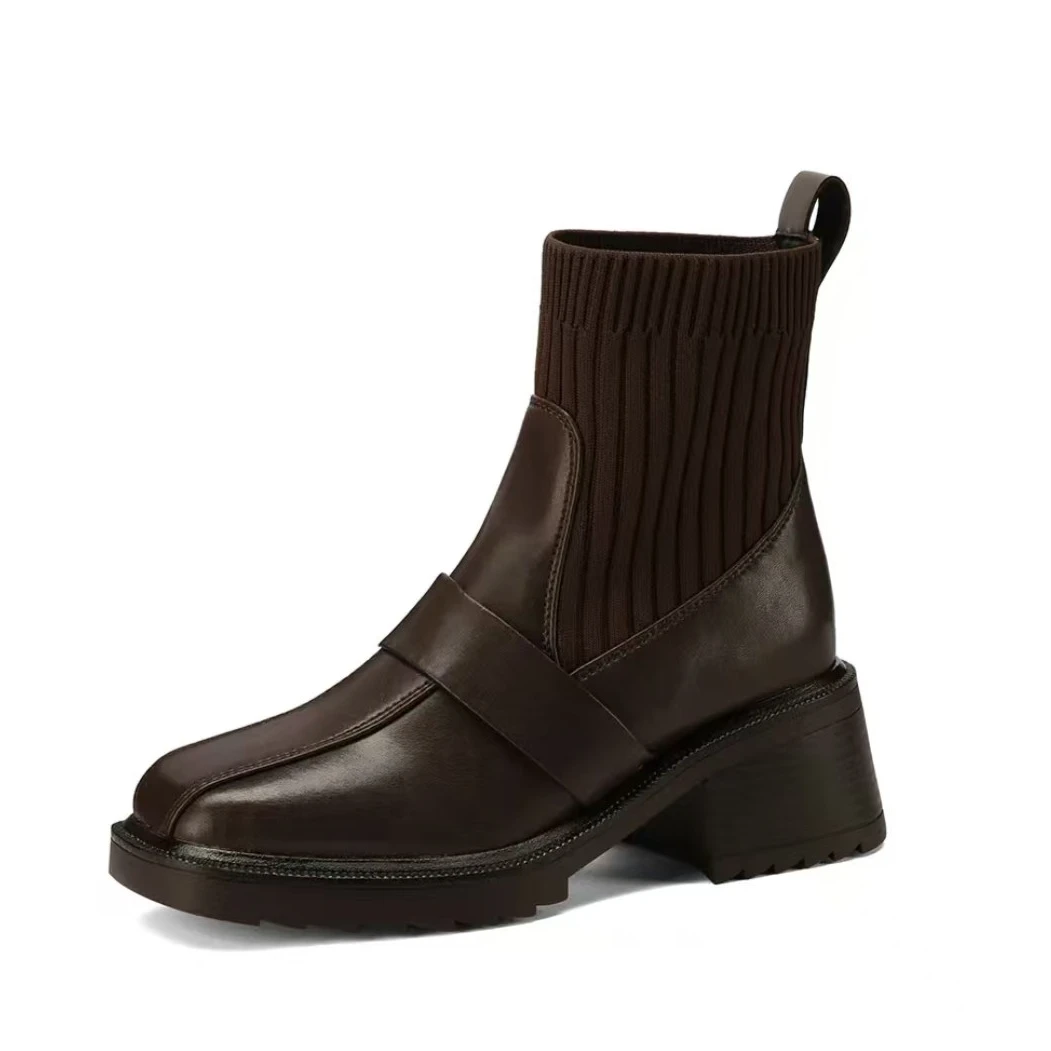 牛皮手工制作保暖飞织英伦风短靴皮面女款多层胶粘防水工艺r2758