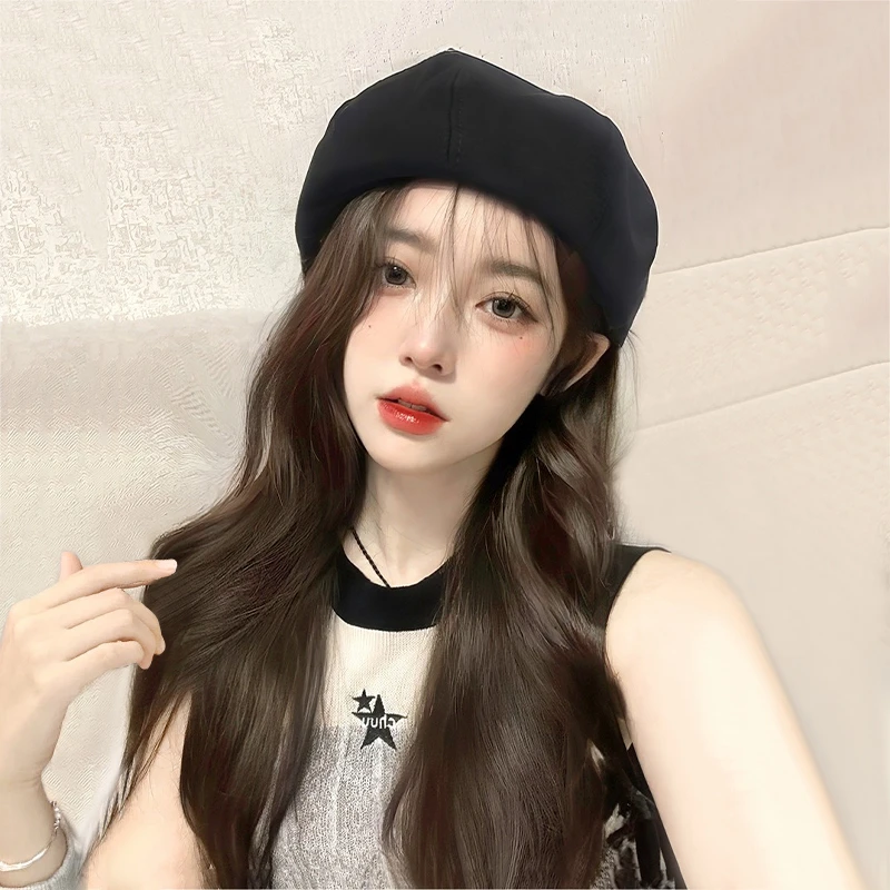 假发女款2024初秋新款微卷简约百搭贝雷帽子假发一体