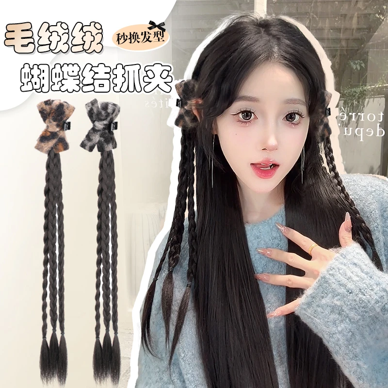 豹纹蝴蝶结秋冬复古毛绒抓夹麻花拳击辫马尾辫子假发