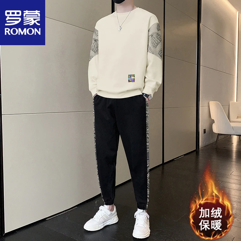 罗蒙加绒加厚休闲运动套装男士2024新款高级感卫衣卫衣裤男装帅气