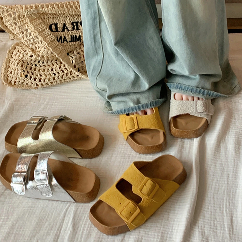 懒人一脚蹬双排扣沙滩厚底凉拖勃肯鞋女夏季外穿平底凉拖鞋时尚款
