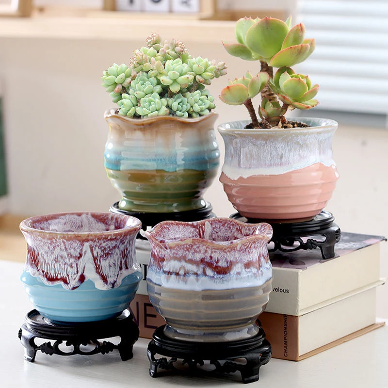 清仓捡漏多肉花盆流釉陶瓷奶油风创意多肉绿植大小口径盆厂家直销