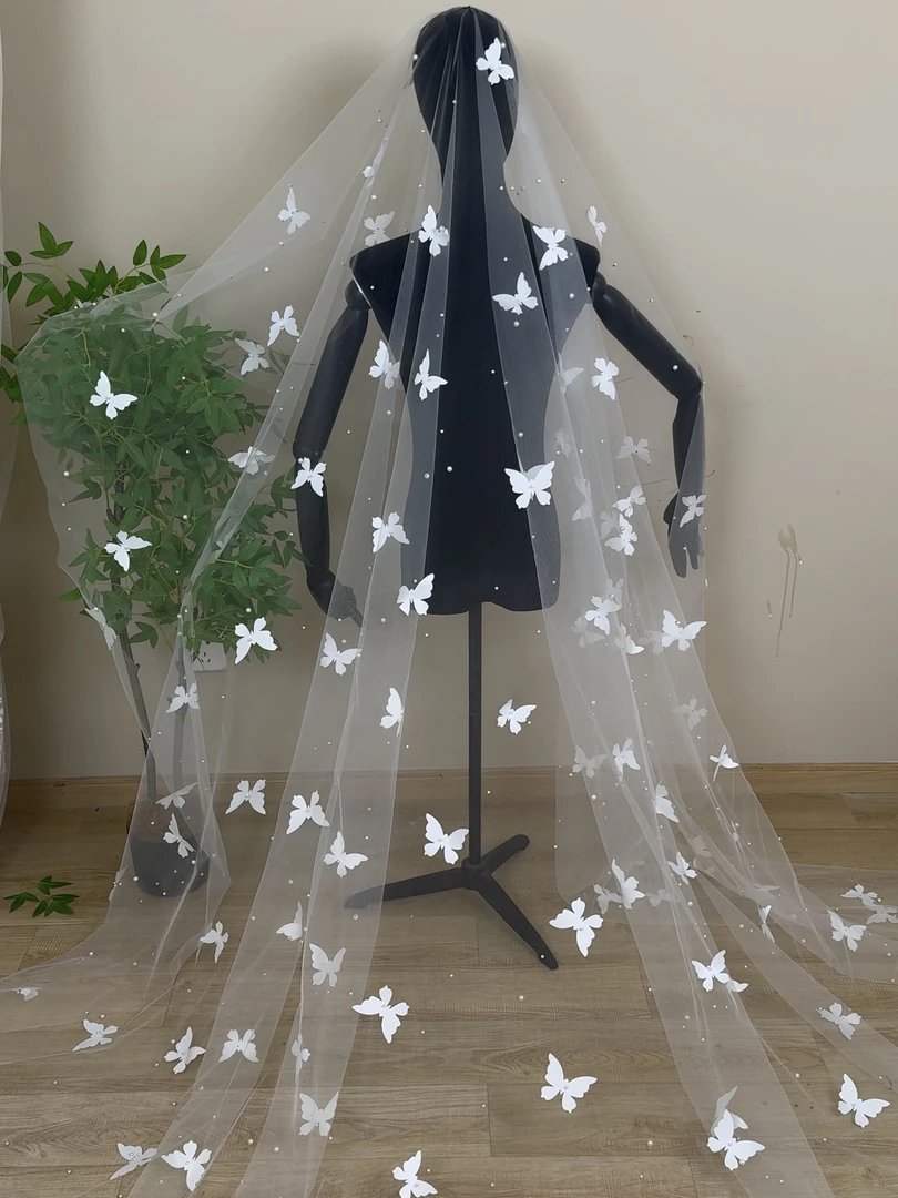 大小蝴蝶大小钉珠长头纱 3米x3米5单层无发梳