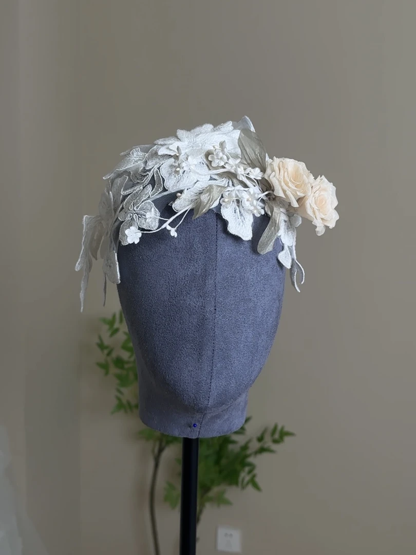 美高原创复古蕾丝手工花新娘头饰品森系跟妆造型样片拍摄外景旅拍