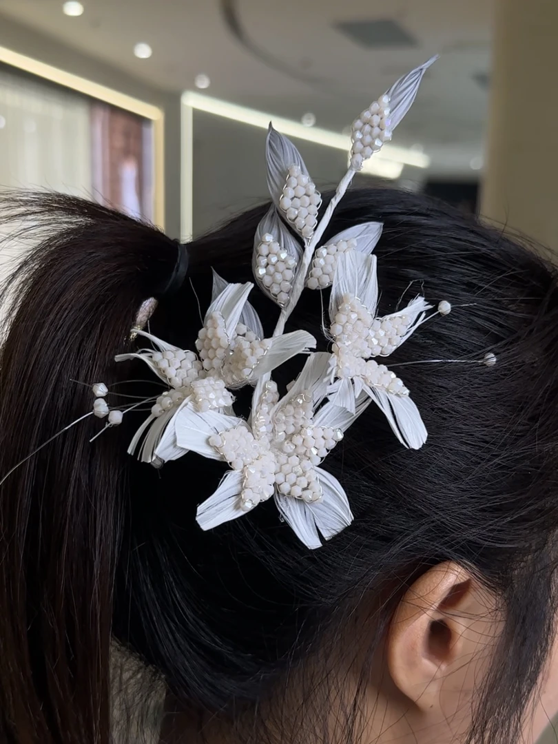 美高原创仙气羽毛编珠新娘头饰品跟妆造型拍照写真旅拍样片拍摄