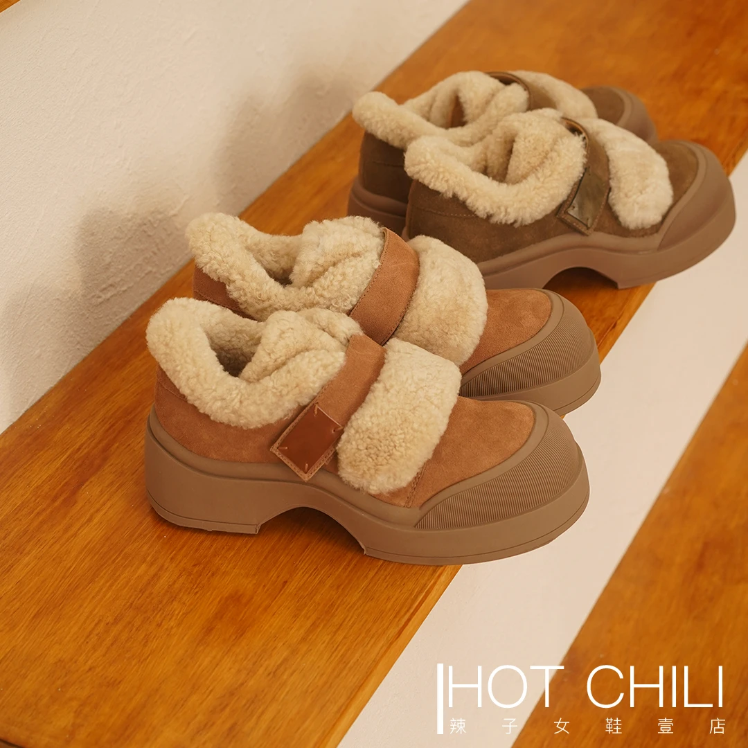 【辣子】34-40加绒加毛春秋软底增高防踢溅魔术贴毛毛鞋