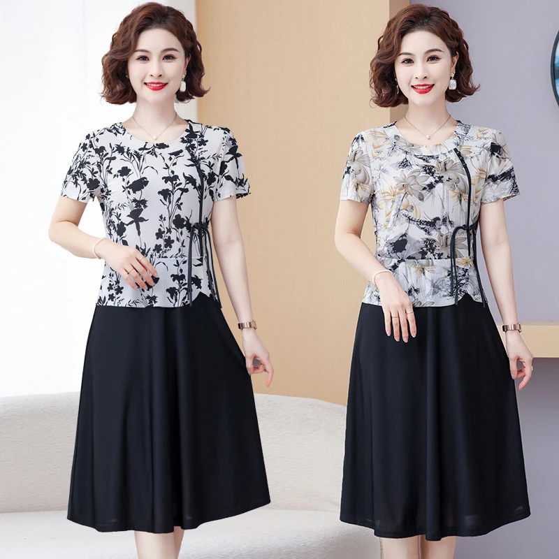 中老年妈妈装夏季短袖连衣裙时尚洋气显瘦大码新中式薄款裙子女装