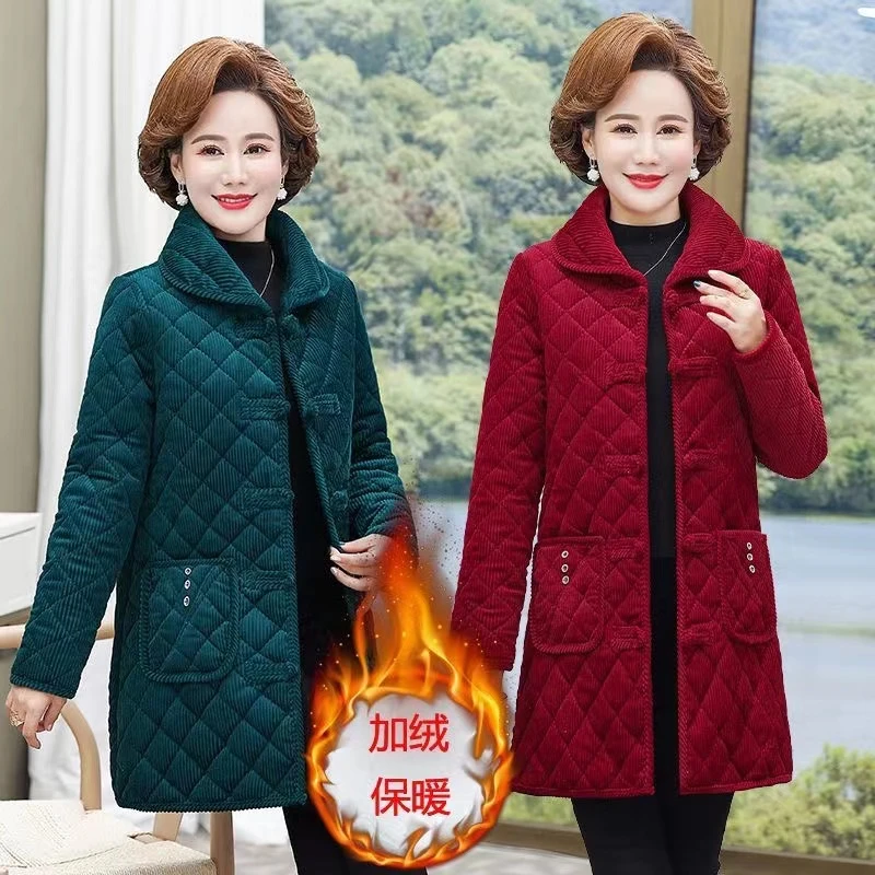 民族风灯芯绒中长款盘扣棉衣最新款洋气妈妈装秋冬款加绒保暖棉服