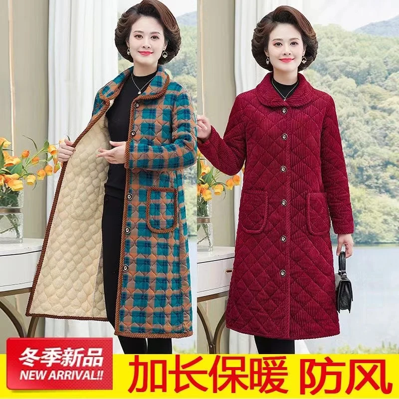 中老年加绒棉服女妈妈装秋冬装外套长款棉衣老年人保暖棉袄