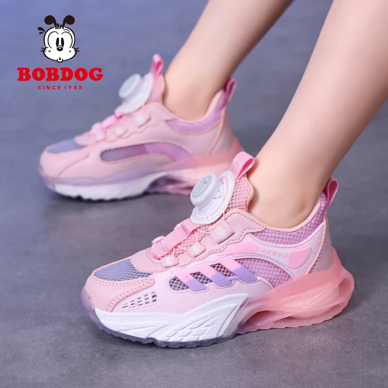 巴布豆童鞋女童春季潮款透气网面运动鞋中大童学生旋转纽扣跑步鞋
