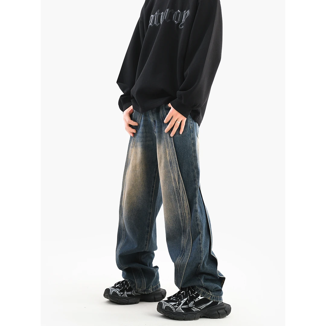 York Zoom春夏高街做旧水洗美式复古宽松设计扎染牛仔休闲长裤ins