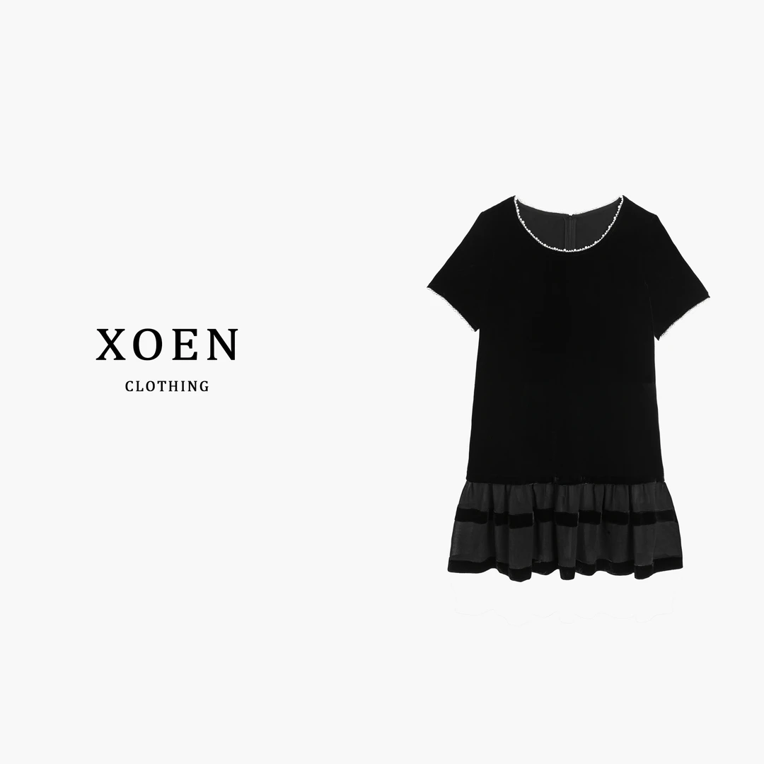 XOEN 【暗魅风姿】轻奢蕾丝 气质夏季百搭女装丝绒连衣裙13675