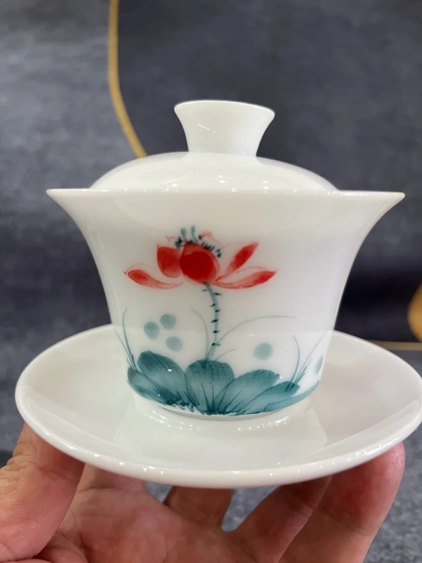冰种白玉荷花手绘大号三才盖碗手工小盖碗茶具陶瓷家用白瓷瓷盖碗
