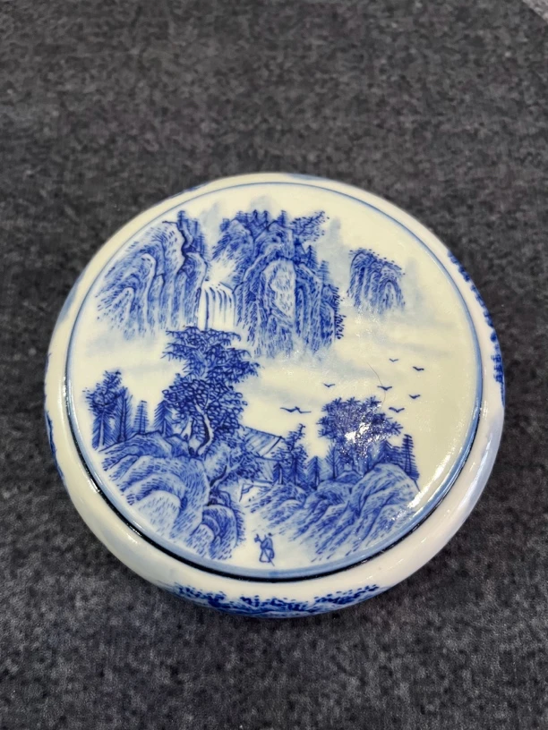 景德镇柴窑青花山水重工手绘盖置
