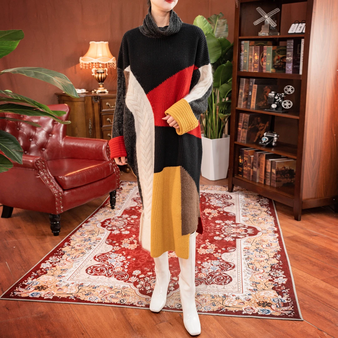 绪调欧版秋冬过膝重工撞色加厚绵羊毛连衣裙