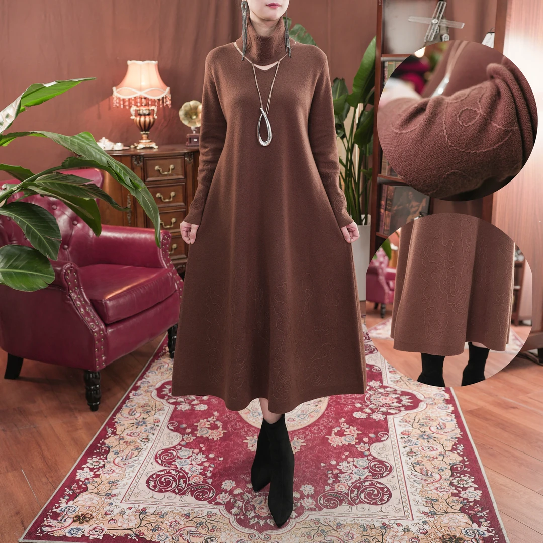 绪调秋冬重工气质款花纹刺绣复古中式羊毛连衣裙XD8860D