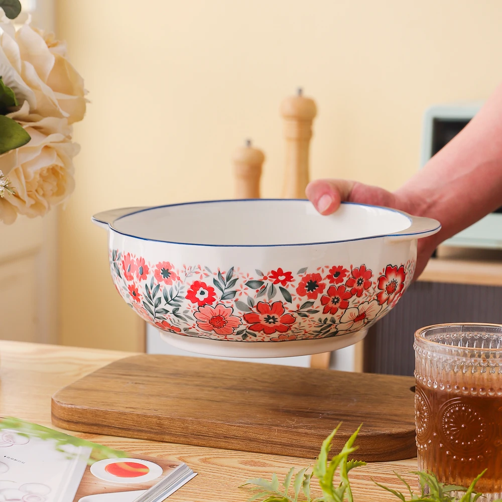 Q釉下彩陶瓷碗盘餐具高颜值七里香10.5英寸双耳大汤碗家用大号