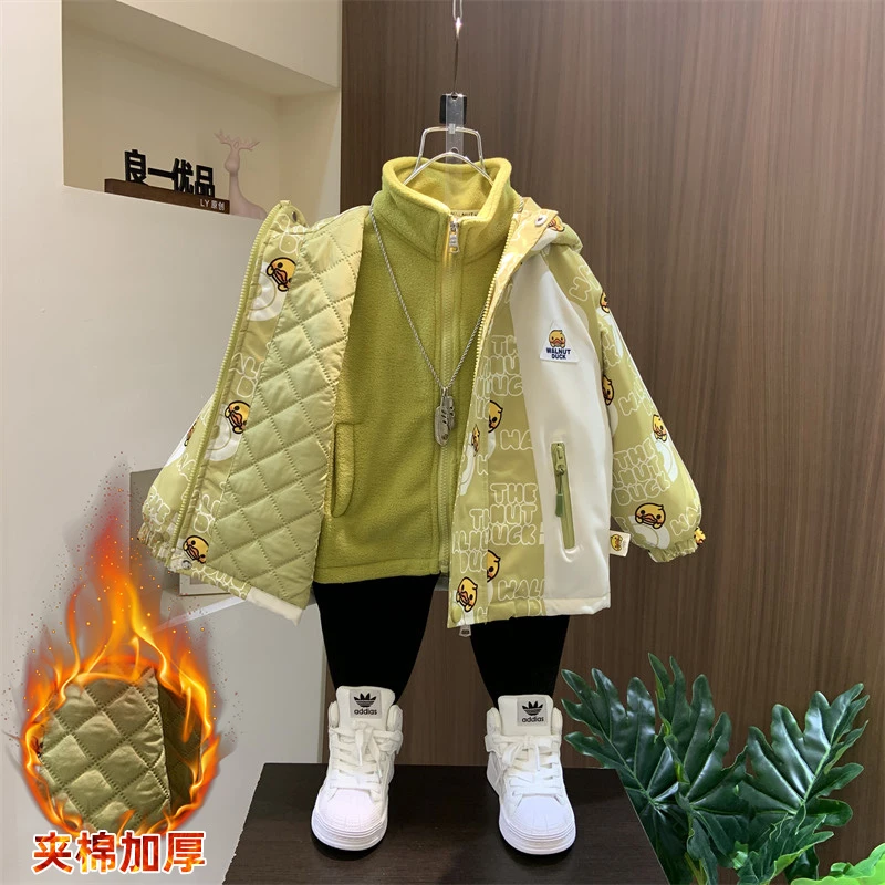 男童三合一冲锋衣可拆卸2024秋冬新款儿童夹棉厚外套宝宝保暖上衣