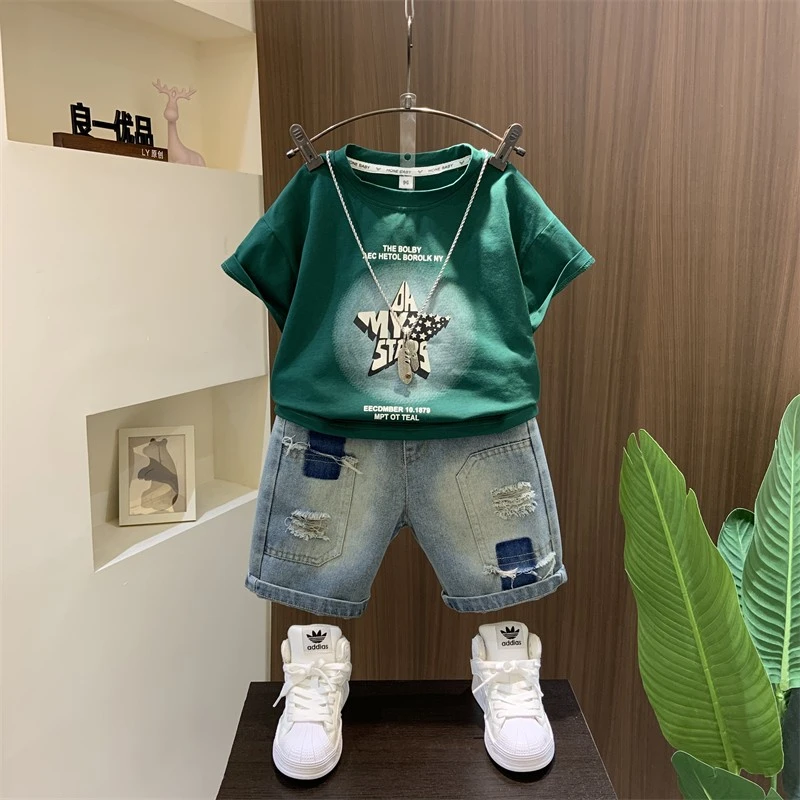 男童夏装短袖套装2025新款洋气宝宝牛仔短裤儿童夏季炸街潮酷衣服