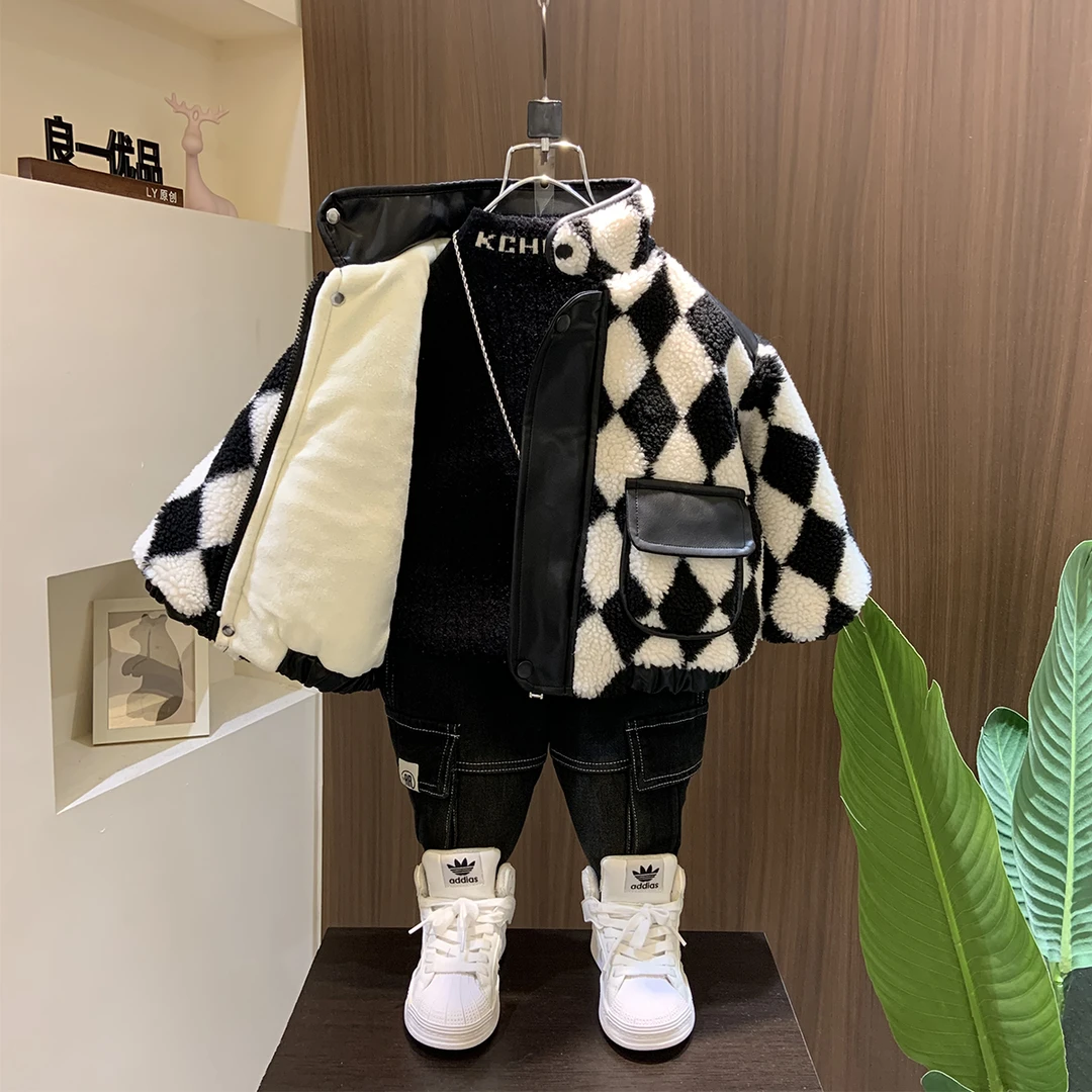 儿童加绒外套毛毛衣2024秋冬新款男大童加厚潮酷宝宝痞帅保暖棉服