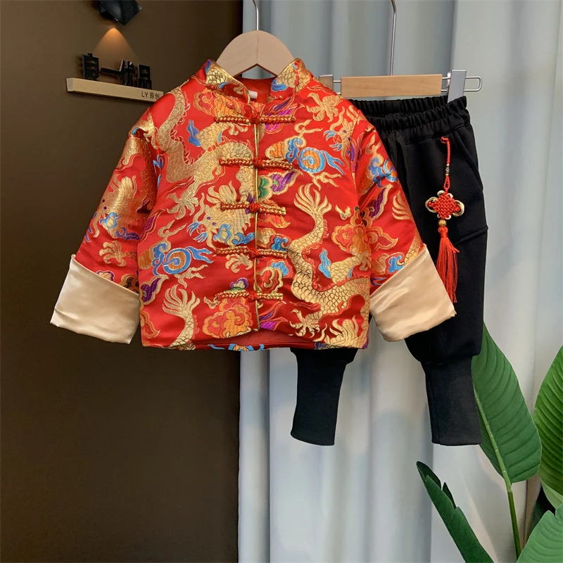 儿童汉服龙年男童拜年服男孩唐装加绒套装冬季宝宝过新年喜庆衣服