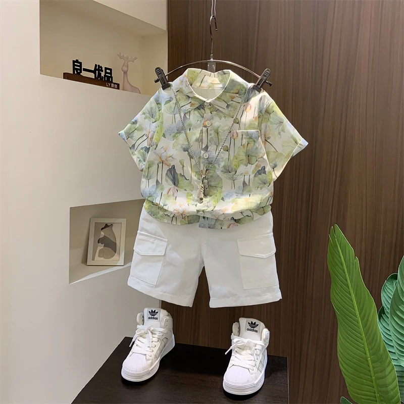 男童夏装套装2025新款洋气儿童薄款短袖衣服宝宝衬衫短裤两件套潮
