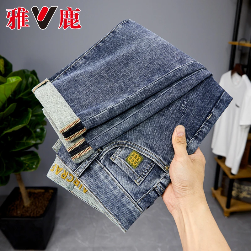 V/雅鹿夏季休闲牛仔裤男士新大码水洗小直筒潮薄款百搭长裤子9012