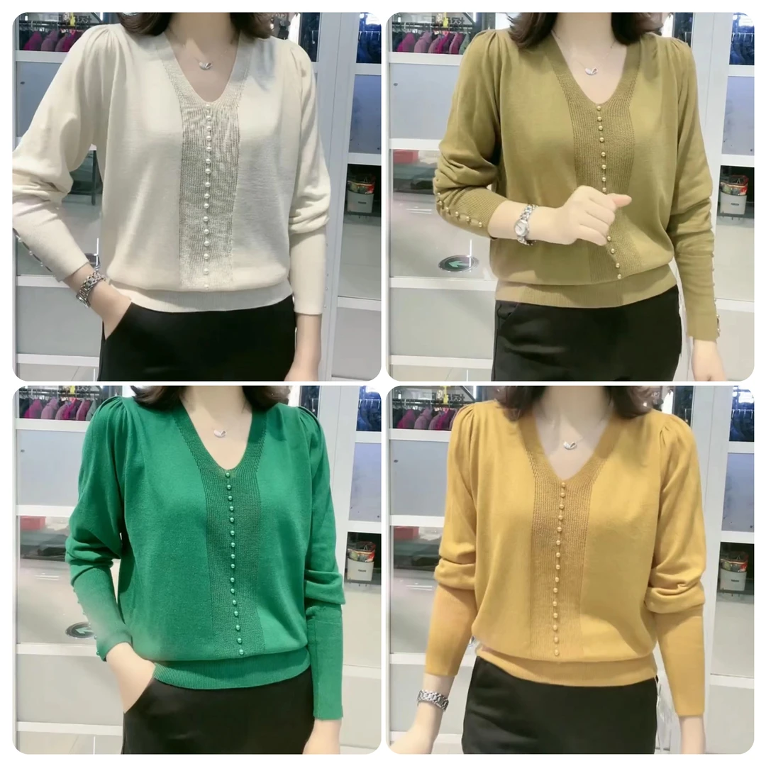 04新款时尚钉珠V领针织衫女长袖妈妈减龄小衫