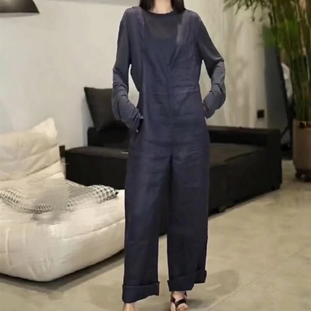 新款洋气长袖打底T恤高腰背带裤显瘦女装