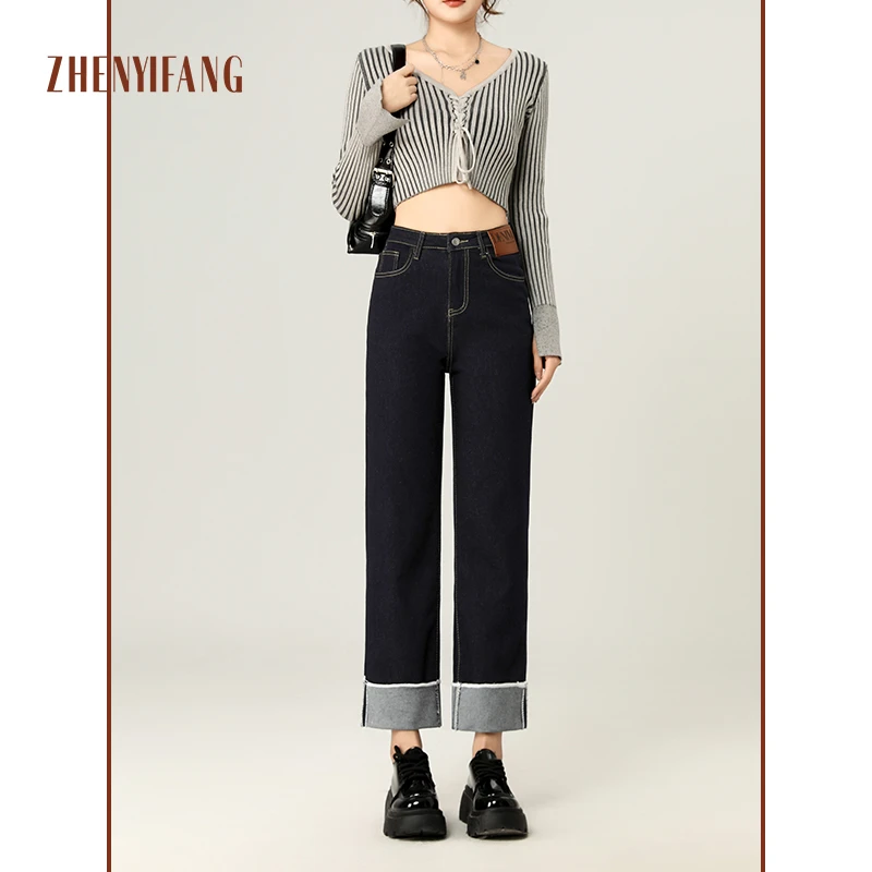 ZHENYIFANG/真衣坊秋季新款高腰直筒裤修饰腰胯皮牌设计牛仔裤女