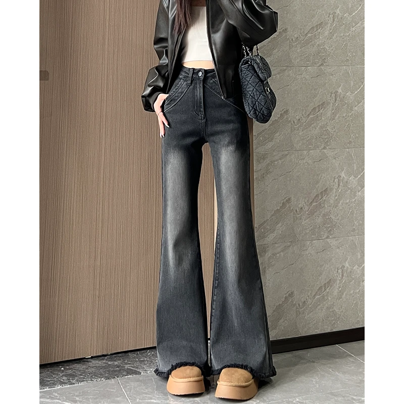 ZHENYIFANG/真衣坊复古毛边微喇牛仔裤女高腰显瘦弹力修身喇叭裤