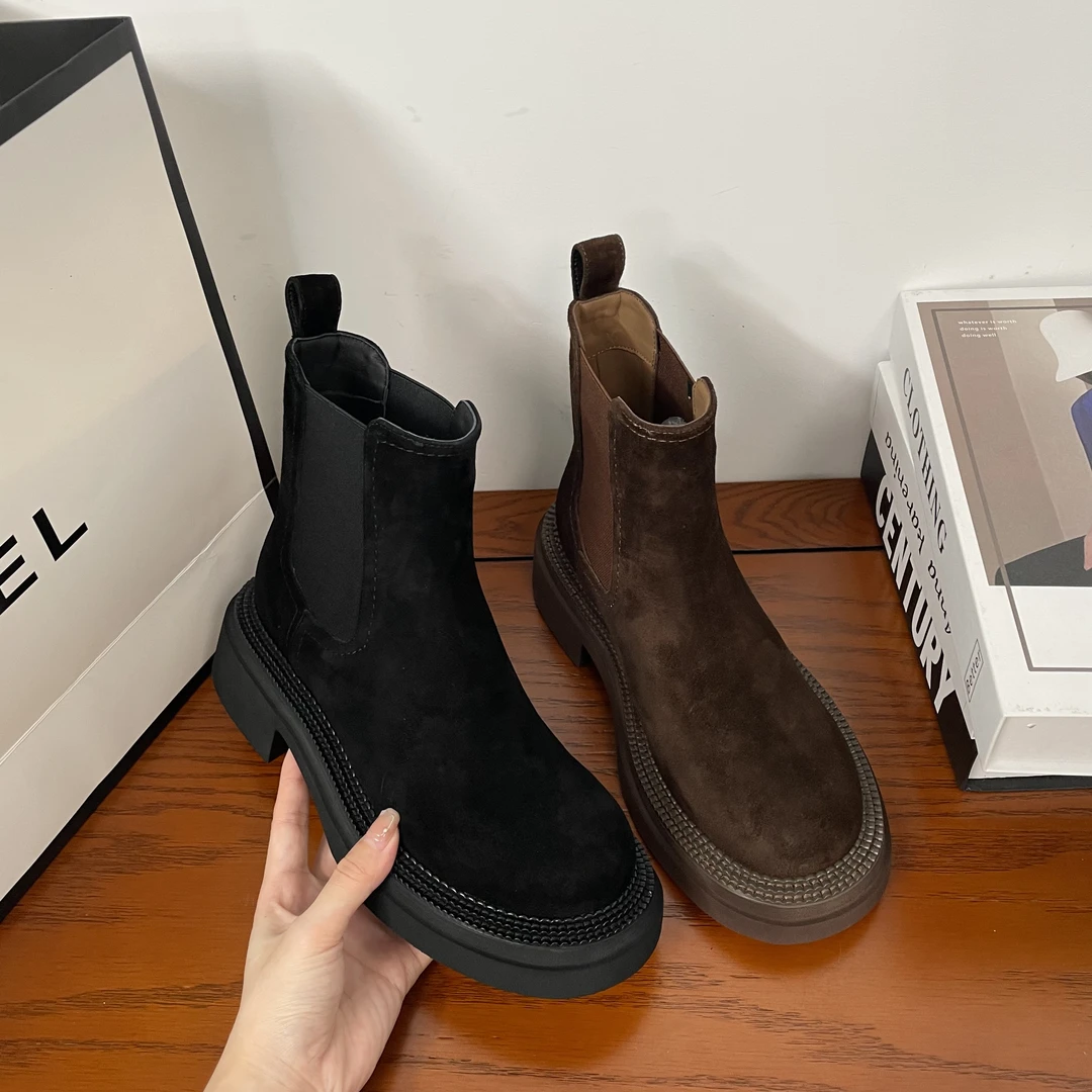 东东2023秋季新款英伦风时尚百搭通勤低跟圆头短筒切尔西靴女1665