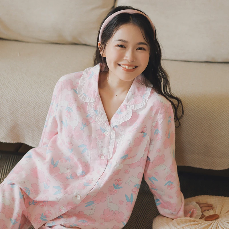 启程-甜美睡衣女秋冬季甜美日系少女长袖家居服套装舒适宽松大码