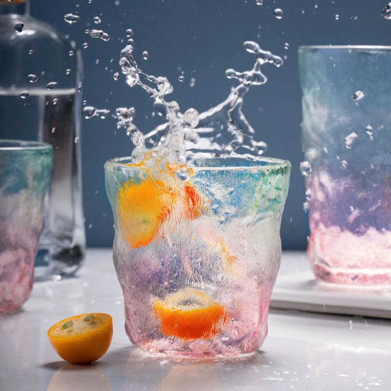 ins风渐变果冻色水杯6只装超仙冰川纹矮款雾面酒杯夏天玻璃水杯