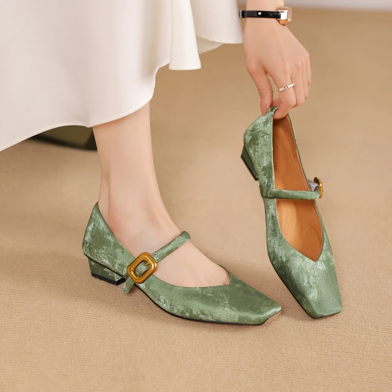 丝绸牛皮34-42码3公分中国风新中式复古软底粗跟浅口玛丽珍单鞋女