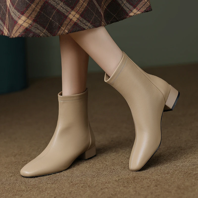 软羊皮短靴/3厘米/低跟百搭舒适软底全羊皮方头小短靴纯皮女鞋