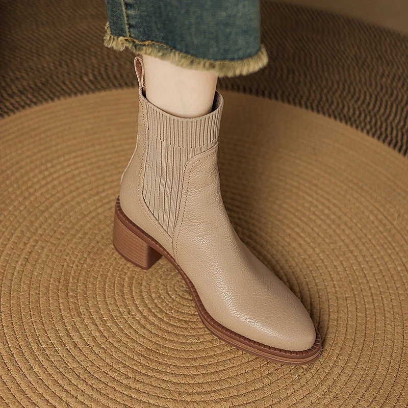 头层小羊皮/针织百搭厚底爆款袜靴女5公分大码舒适气质秋冬短靴女
