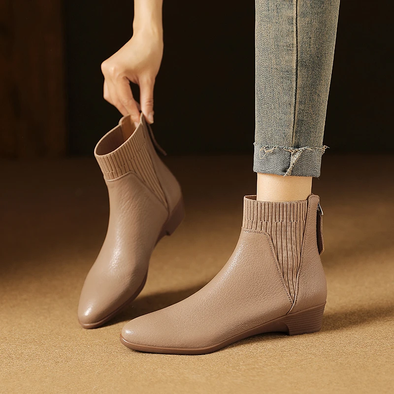 头层小羊皮气质坡跟舒适短靴女 3公分大码优雅妈妈全真皮新款靴子