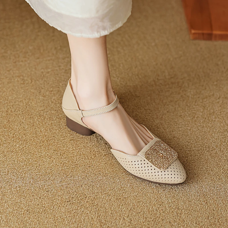 头层小羊皮3尺码34-41码法式粗跟包头波点凉鞋女透气软底新款女鞋