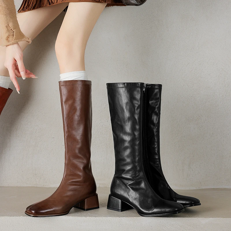 水洗牛皮全纯皮长筒中跟女靴 5cm33-40码复古风软底时尚百搭长靴