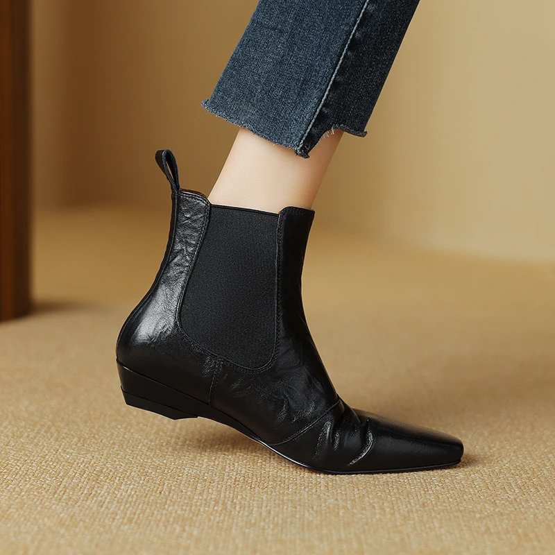 头层羊皮方头通勤短靴女3公分时尚百搭真皮复古秋冬时装瘦瘦女靴