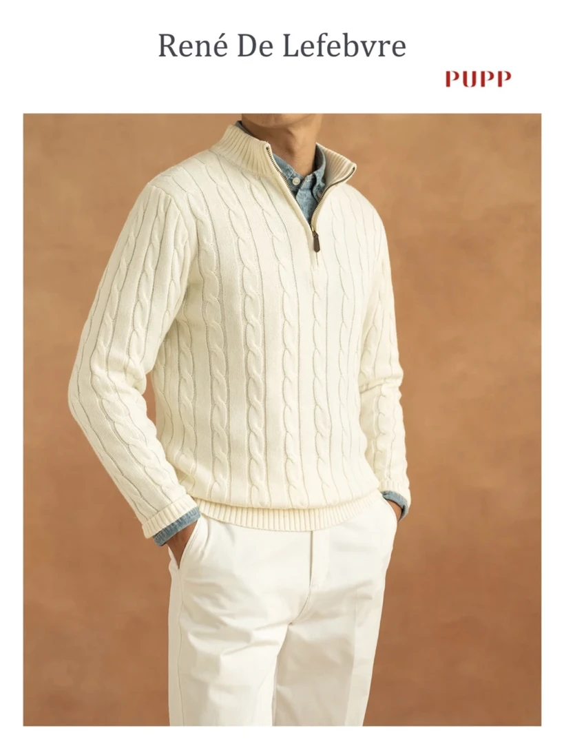 René De Lefebvre预售7天长袖套头半拉链绞花休闲纯色男士针织衫