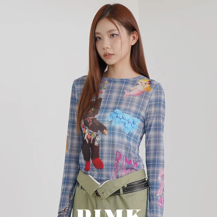 【茉舍】RIMK屁酒花格纹印花针织雪纺长袖打底防晒衣RK24SS003-330