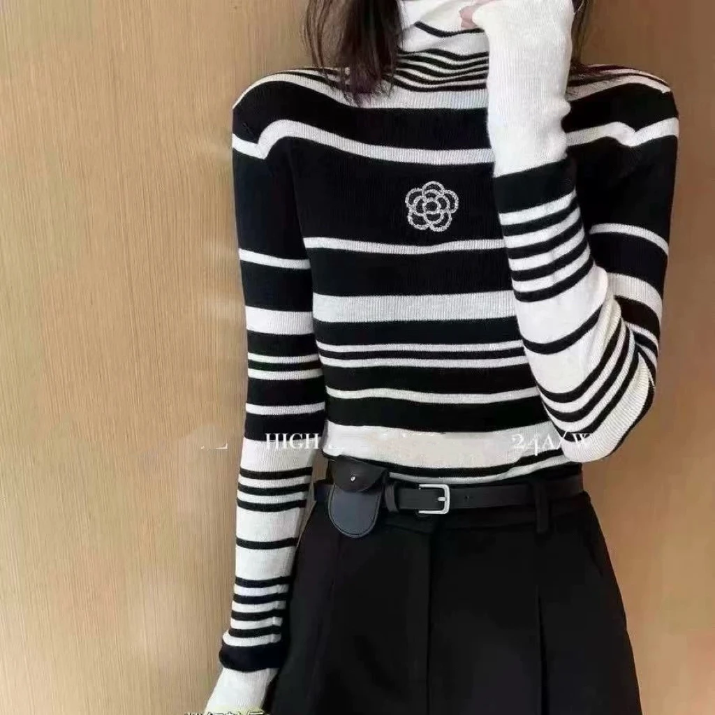 32.8%绵羊毛 可机洗条纹弹力打底针织衫高领9610