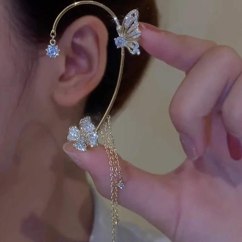合金耳饰 锆石蝴蝶流苏耳挂无耳洞高级小众设计轻奢耳骨夹仙气女